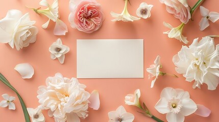 Poster - Blank clipping path paper sheet cards on neutral ginger table Aesthetic artist home office desk workspace with narcissus and rose flowers Flat lay top view mockup with empty copy space : Generative AI