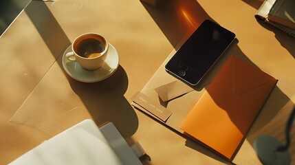 Aufkleber - Creative flat lay photo of workspace desk with smartphone coffee tag letter and notebook with copy space background minimal style : Generative AI