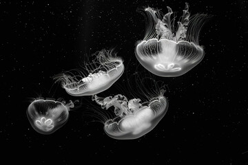 Wall Mural - a group of moon jellyfish, full length body shot, high contrast portrait, black and white