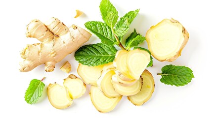 Poster - Ginger root with sliced and mint leaf isolated on white background  top view  flat lay : Generative AI