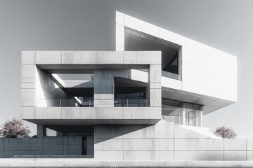 Poster - An artistic depiction of a modern minimalist building featuring geometric concrete structures contrasting with nature