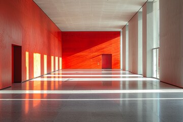 Poster - This image captures the stunning interplay of natural light and vivid red tones in a spacious modern architectural setting
