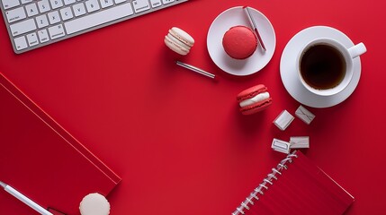Aufkleber - Styled stock photography red office desk table with blank notebook keyboard macaroon supplies and coffee cup Top view with copy space Flat lay : Generative AI