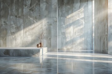 Poster - This image illustrates a minimalist modern interior bathed in natural light, creating a tranquil and spacious atmosphere