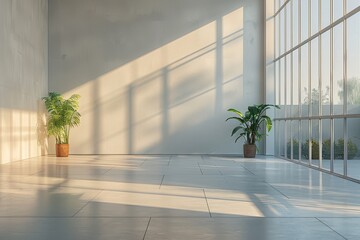 Poster - Warm, sunlit airy room with intriguing shadow patterns on the floor and green plants adding life