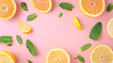 Aufkleber - Citrus slices and mint herbs frame on retro pastel pink background with copyspace from above Top view of lemon and orange frame design banner : Generative AI