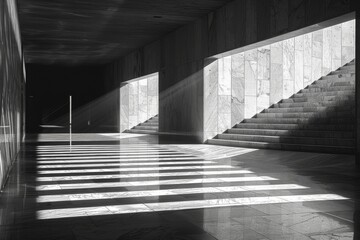 Poster - High contrast black and white image capturing the play of light and shadows on stairs within an architectural space