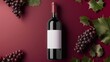 Red wine bottle with white label mockup with bunch of Primitivo grape green fall grapes leaves Concept wine flat lay backgroud : Generative AI
