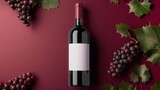 Fototapeta Londyn - Red wine bottle with white label mockup with bunch of Primitivo grape green fall grapes leaves Concept wine flat lay backgroud : Generative AI