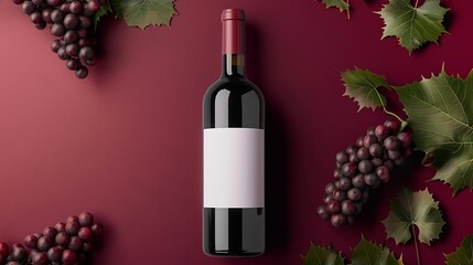 Poster - Red wine bottle with white label mockup with bunch of Primitivo grape green fall grapes leaves Concept wine flat lay backgroud : Generative AI