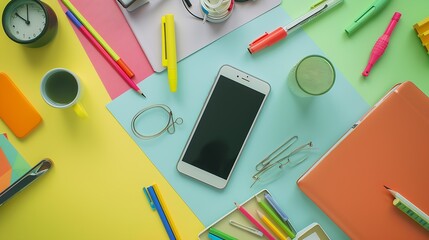 Poster - Mock up smartphone and office accessories on colorful background with copy spaceview from above : Generative AI