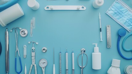 Wall Mural - Flat lay aerial of tools medical  Healthcare insurance background concept : Generative AI