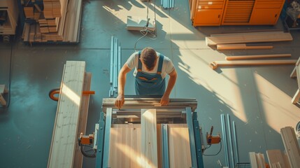 carpenter works wood with modern machines in a large workshop