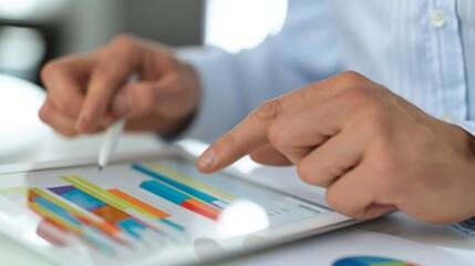 Aufkleber - A businessman analyzing a bar graph on a digital tablet, strategizing for business growth and success in a modern corporate setting.