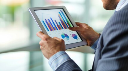 Poster - A businessman analyzing a bar graph on a digital tablet, strategizing for business growth and success in a modern corporate setting.