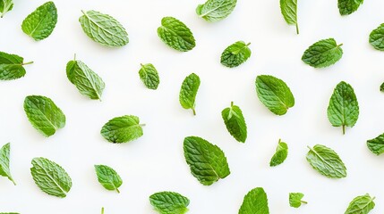 Poster - Mint leaves pattern isolated on white background  top view  flat lay : Generative AI
