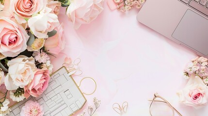Aufkleber - Female workspace with laptop roses flowers bouquet golden accessories notebook glasses Flat lay womens office desk Top view feminine background : Generative AI