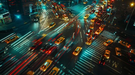 Aufkleber - A busy intersection ablaze with headlights and traffic signals, illustrating the constant motion and activity of city streets after dark.