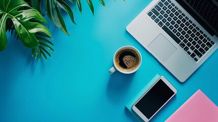 Aufkleber - Minimal work space  Creative flat lay photo of workspace desk Top view office desk with laptop notebooks and coffee cup on blue color background Panoramic banner background with copy s : Generative AI