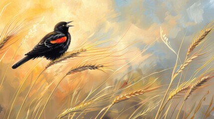 Poster - A charming scene of a red-winged blackbird singing atop a swaying wheat stalk in a sunlit field, adding melody to the serene countryside ambiance.