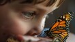 A child marveling at a monarch butterfly emerging from its chrysalis, witnessing the miraculous transformation from caterpillar to butterfly up close.