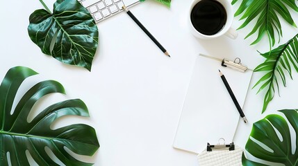 Poster - Flat lay top view office table desk Workspace with blank clip board keyboard office supplies pencil green leaf and coffee cup on white background : Generative AI