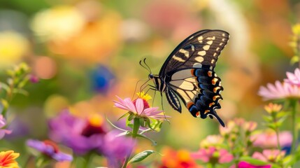 Poster - A close-up of a swallowtail butterfly feeding on nectar from a colorful bouquet of wildflowers, illustrating the essential role of butterflies in ecosystem health.