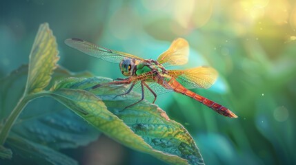 Poster - A close-up of a vibrant dragonfly resting on a leaf, its iridescent wings shimmering in the sunlight against a lush green background.