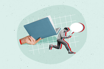 Aufkleber - Composite photo collage of happy user guy run type message hand offer read book education enlightenment isolated on painted background