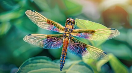 Poster - A close-up of a vibrant dragonfly resting on a leaf, its iridescent wings shimmering in the sunlight against a lush green background.