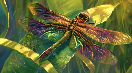Poster - A close-up of a vibrant dragonfly resting on a leaf, its iridescent wings shimmering in the sunlight against a lush green background.