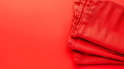 Poster - top view with red empty kitchen napkin isolated on table background Folded cloth for mockup with copy space Flat lay Minimal style : Generative AI
