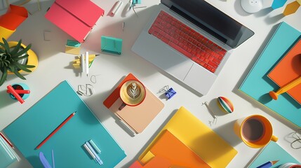 Aufkleber - Office desk Workspace with laptop coffee cup colorful clips and accessories Flat lay top view : Generative AI