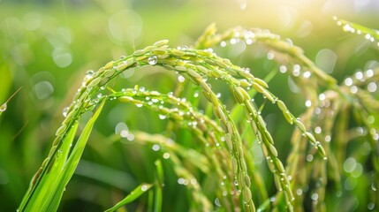 Poster - A close-up of water droplets glistening on rice plants in a flooded paddy field, highlighting the importance of water management in rice cultivation.