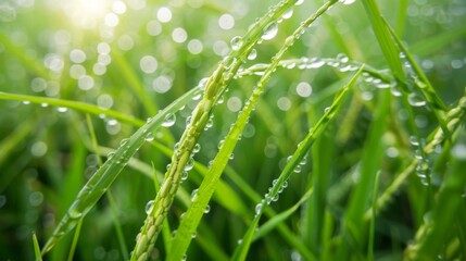 Poster - A close-up of water droplets glistening on rice plants in a flooded paddy field, highlighting the importance of water management in rice cultivation.