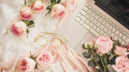 Aufkleber - Female workspace with laptop roses flowers bouquet golden accessories notebook glasses Flat lay womens office desk Top view feminine background : Generative AI