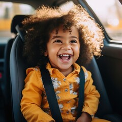 Wall Mural - A child sits in a car child seat and laughs