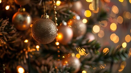 Poster - Christmas holiday decorations with balls garland and bokeh lights on Christmas tree background Holiday home decoration Close up of balls on Christmas tree : Generative AI