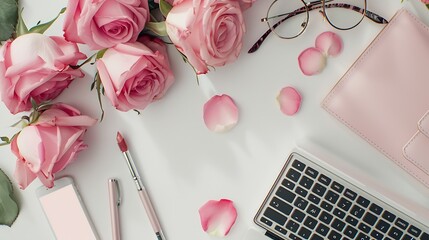 Aufkleber - Flat lay top view office table desk frame feminine desk workspace with laptop clutch cosmetics phone sunglasses lipstick rose buds on white background : Generative AI