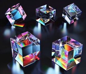 Wall Mural - Set of crystal cubes. glass cubes with refraction effects and holographic rainbow colors, perfect for illustrations of optics, physics, or luxury design elements.