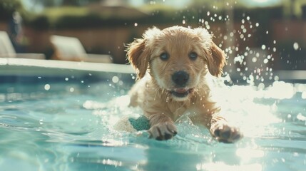 Poster - A cute puppy retrieving a floating ball from a backyard pool, its wet fur glistening in the sunlight as it eagerly paddles back to shore, showcasing the playful nature of young dogs.