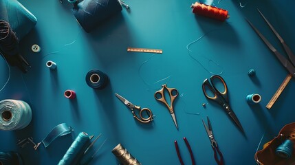 Poster - Sewing flat lay Sewing kit needles threads buttons wire cutters scissors tape measure Content for sewing workshops ateliers for tailoring clothes : Generative AI