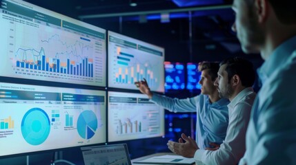 Aufkleber - A group of business professionals discussing business performance metrics and data trends on a large monitor in a conference room.