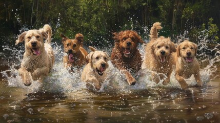 Poster - A group of dogs joyfully bounding into a shallow river, their playful antics creating splashes and ripples as they dive in headfirst and paddle around together,