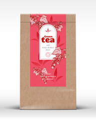 Wall Mural - Craft Paper Bag with Fruit and Berries Tea Label. Realistic Vector Pouch Packaging Design Layout. Modern Typography, Hand Drawn Red Ribes and Leaves Silhouettes Background Mockup Isolated