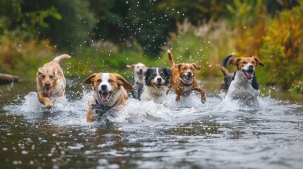 Poster - A group of dogs joyfully bounding into a shallow river, their playful antics creating splashes and ripples as they dive in headfirst and paddle around together,