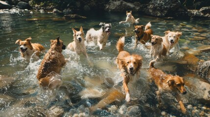 Aufkleber - A group of dogs romping and frolicking in a shallow stream, their tails wagging as they chase each other through the clear water, creating a heartwarming scene of canine camaraderie.