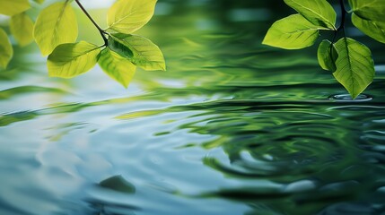 Poster - Green leaves on water surface Beautiful water ripple background for product presentation Copy space : Generative AI