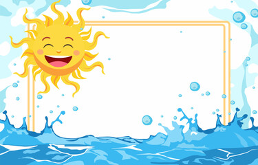 Wall Mural - Summer Water Line Frame Background with Sun Character and Copy Space