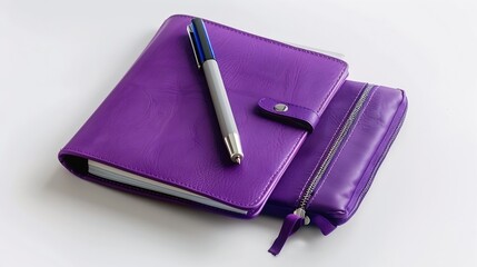 Poster - Purple notebook with pencil case pen and marker isolated on white background : Generative AI